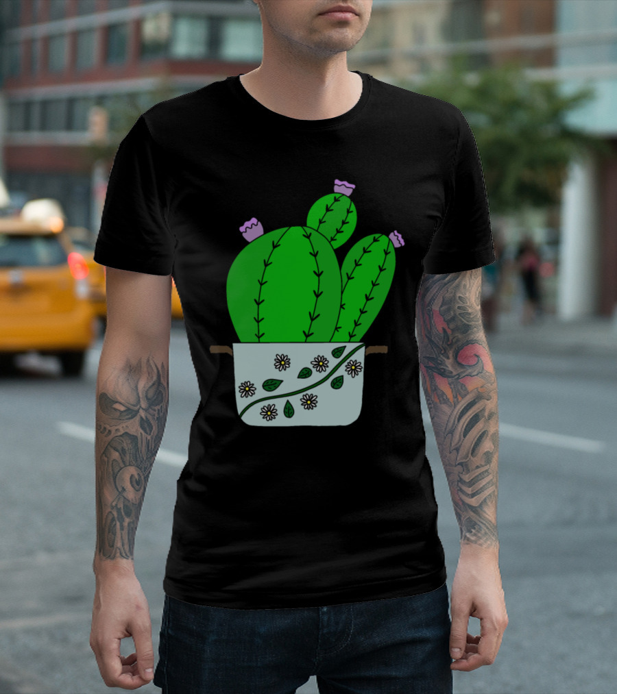 Echinocereus Cacti With Blooms Decorated Pot With Daisies T-Shirt