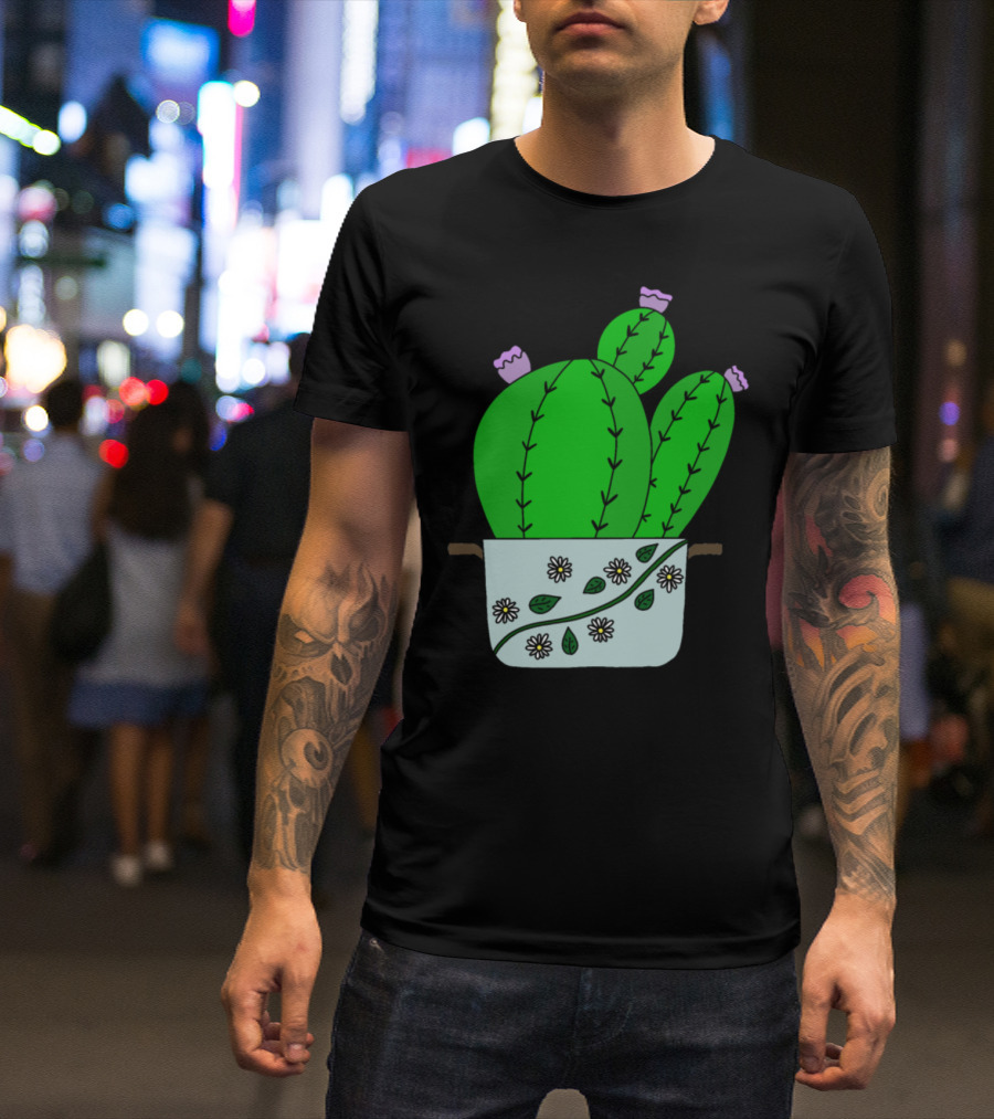 Echinocereus Cacti With Blooms Decorated Pot With Daisies T-Shirt