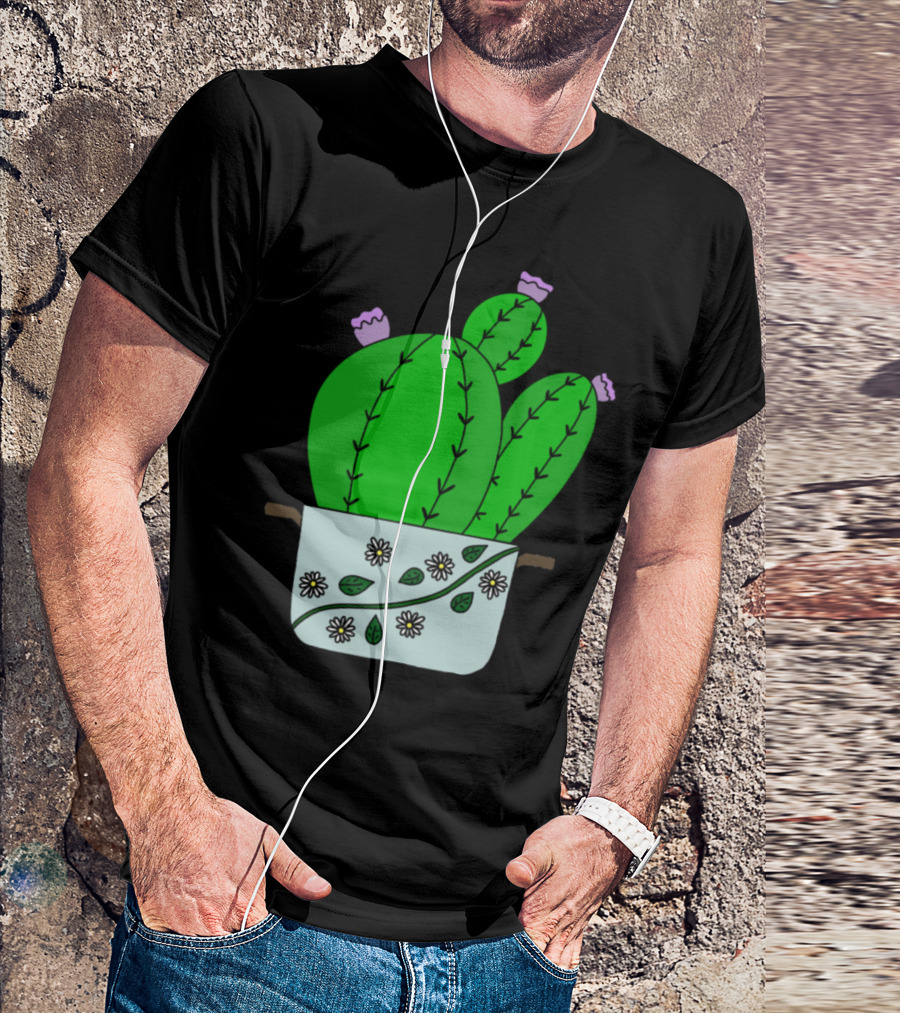 Echinocereus Cacti With Blooms Decorated Pot With Daisies T-Shirt