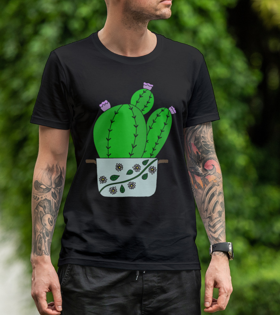 Echinocereus Cacti With Blooms Decorated Pot With Daisies T-Shirt