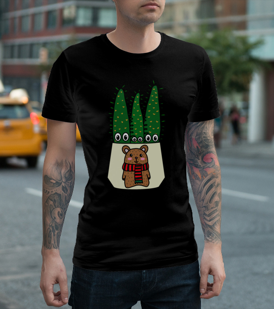 Eves Pin Cacti With Eyes in Christmas Scarf Bear Pot T-Shirt