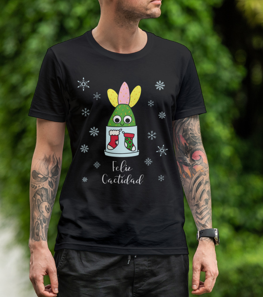 Feliz Cactidad Cactus With Stockings And Snowflakes T-Shirt