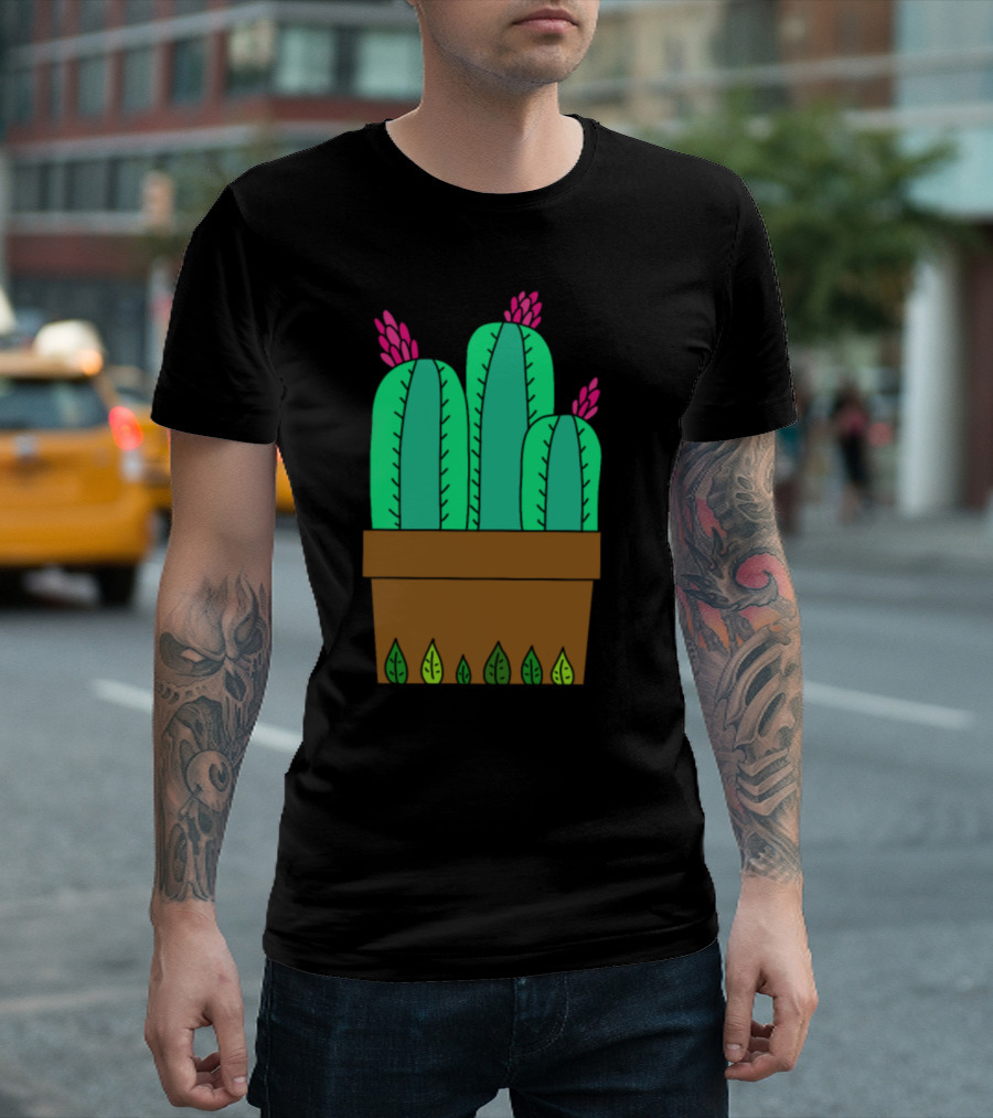 Flowering Cactuses with Pink Blossoms in Brown Leafy Pot T-Shirt