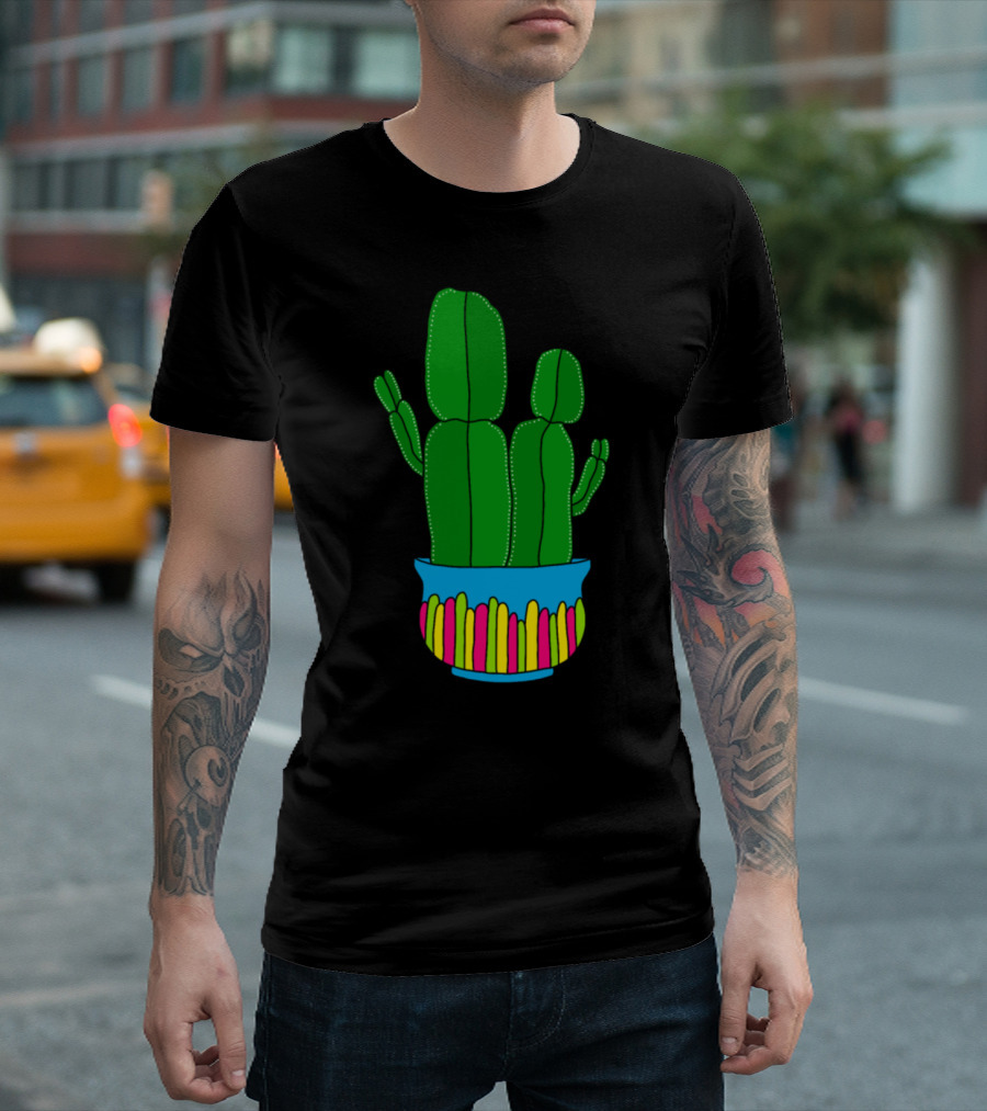 Funkyshaped Cacti in Bright Blue Pot with Vibrant Colors T-Shirt