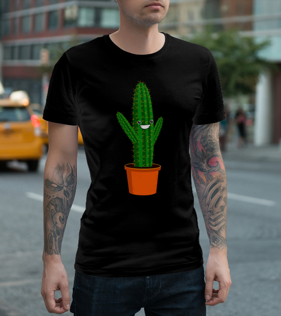 Funny Smiling Cartoon Cactus in Orange Pot T-Shirt