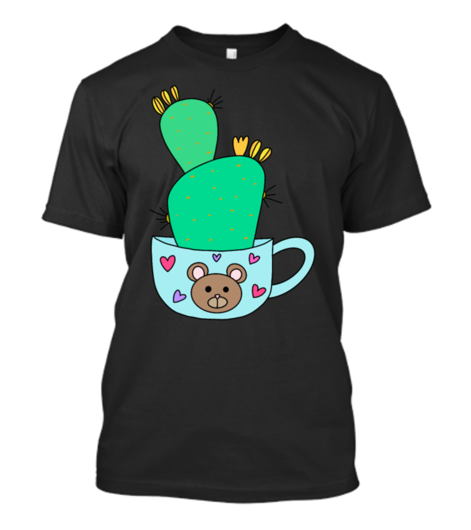 Green Cactus With Yellow Flowers In Cute Bear Mug With Hearts T-Shirt