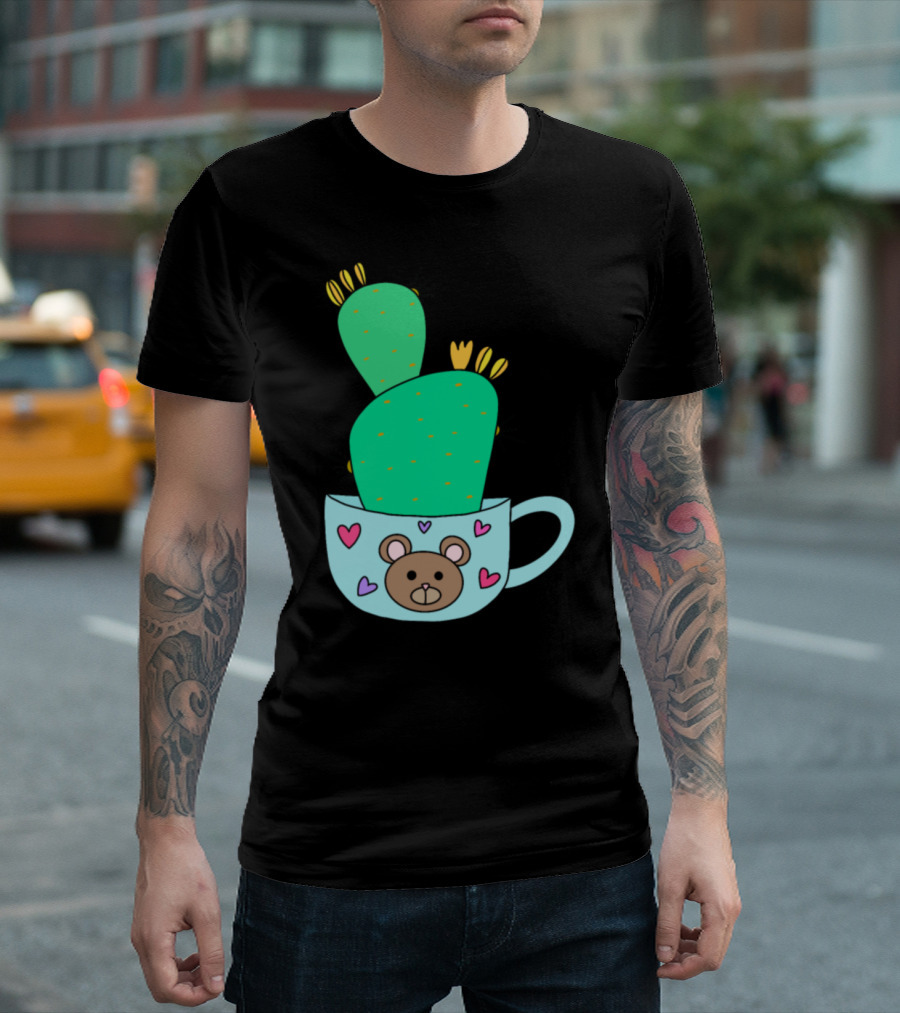 Green Cactus With Yellow Flowers In Cute Bear Mug With Hearts T-Shirt