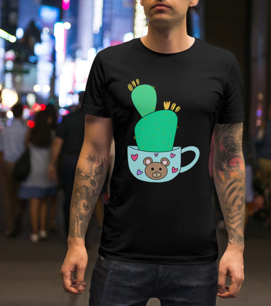 Green Cactus With Yellow Flowers In Cute Bear Mug With Hearts T-Shirt