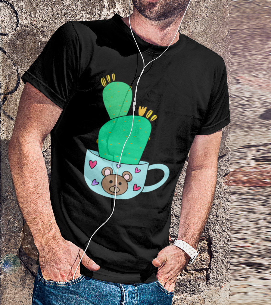 Green Cactus With Yellow Flowers In Cute Bear Mug With Hearts T-Shirt