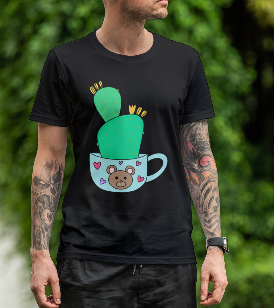 Green Cactus With Yellow Flowers In Cute Bear Mug With Hearts T-Shirt