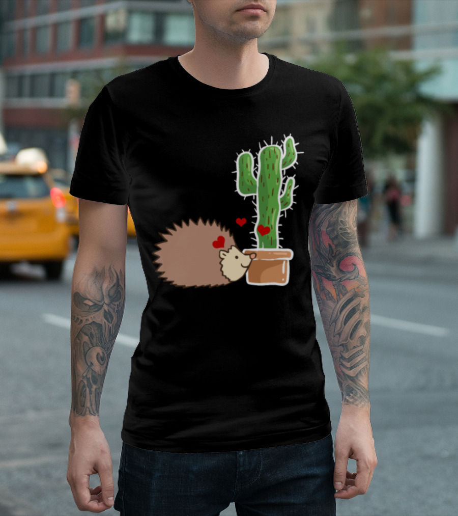 Hedgehog Loving Cactus Cute Animal Scene T-Shirt