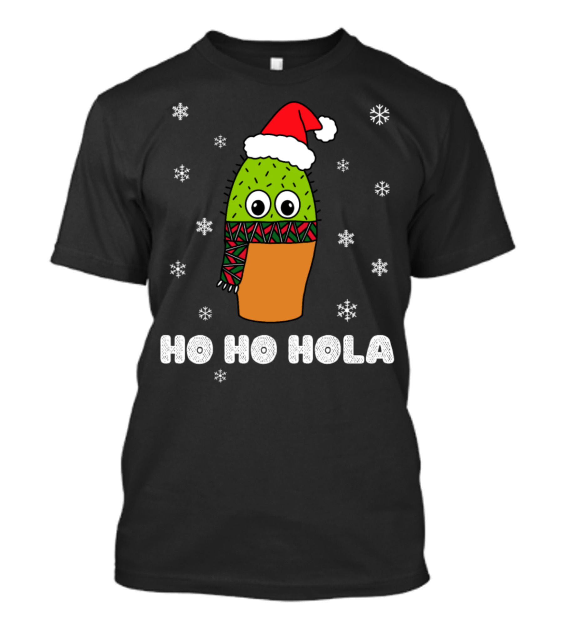 Ho Ho Hola Christmas Cactus In Santa Hat And Scarf With Snowflakes T-Shirt