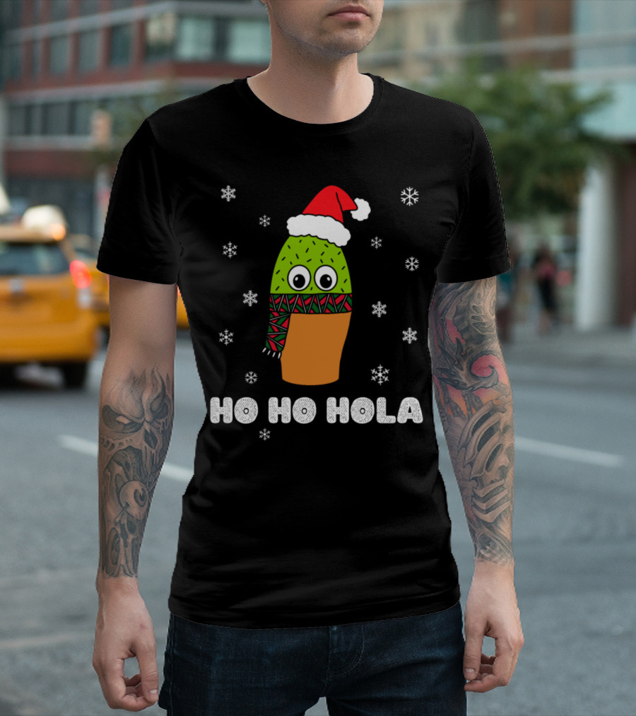 Ho Ho Hola Christmas Cactus In Santa Hat And Scarf With Snowflakes T-Shirt