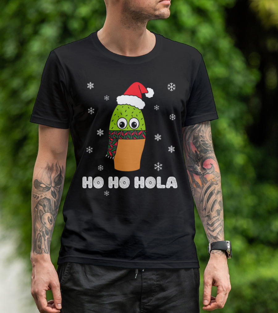Ho Ho Hola Christmas Cactus In Santa Hat And Scarf With Snowflakes T-Shirt