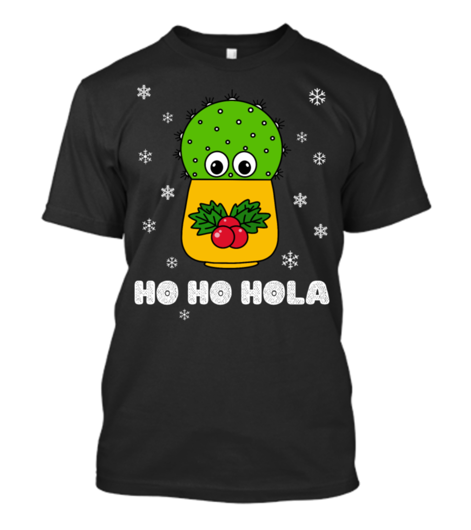 Ho Ho Hola Cute Christmas Cactus With Holly And Snowflakes T-Shirt
