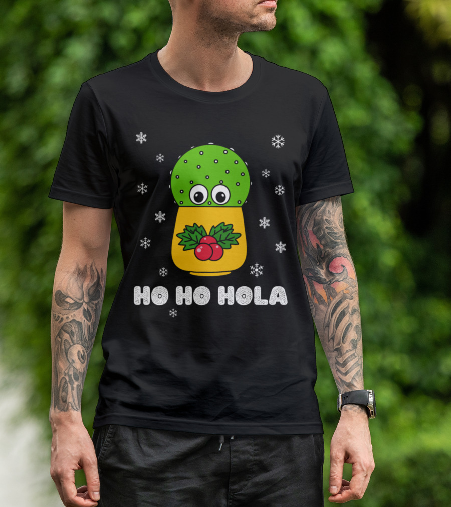 Ho Ho Hola Cute Christmas Cactus With Holly And Snowflakes T-Shirt