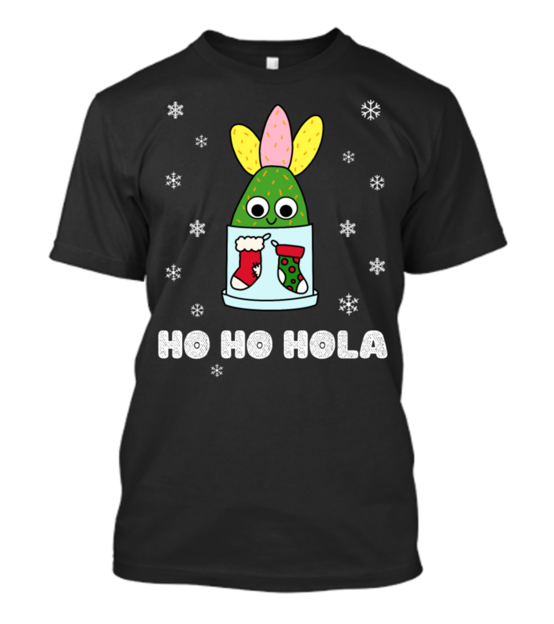 Ho Ho Hola Cactus In Christmas Pot With Snowflakes And Stockings T-Shirt