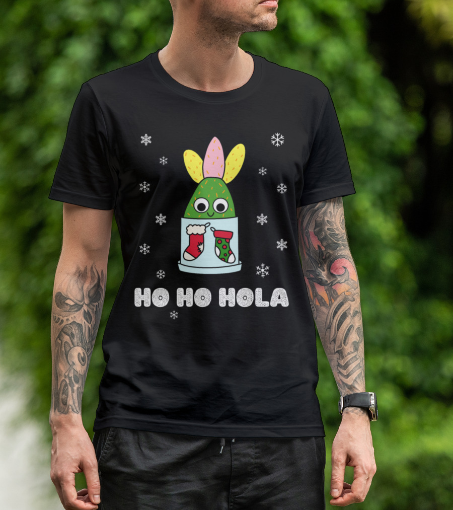 Ho Ho Hola Cactus In Christmas Pot With Snowflakes And Stockings T-Shirt