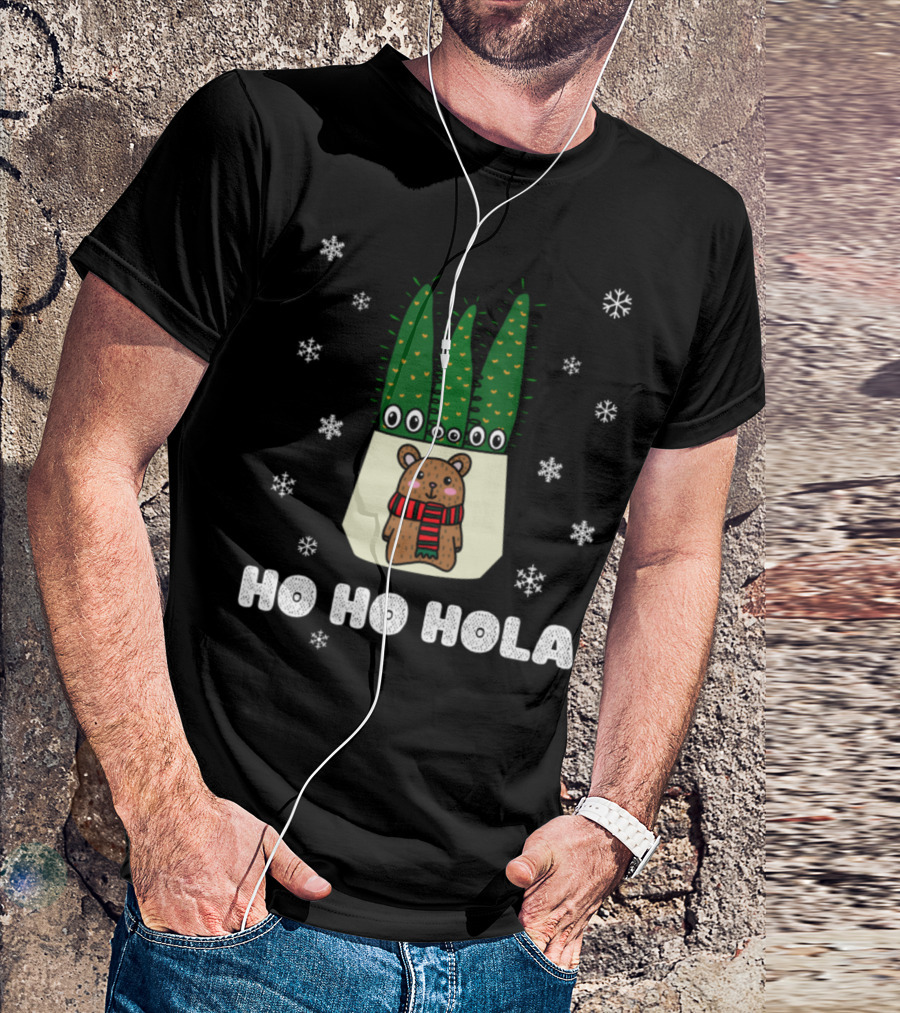 Ho Ho Hola Christmas Bear With Cacti In Snowflakes T-Shirt