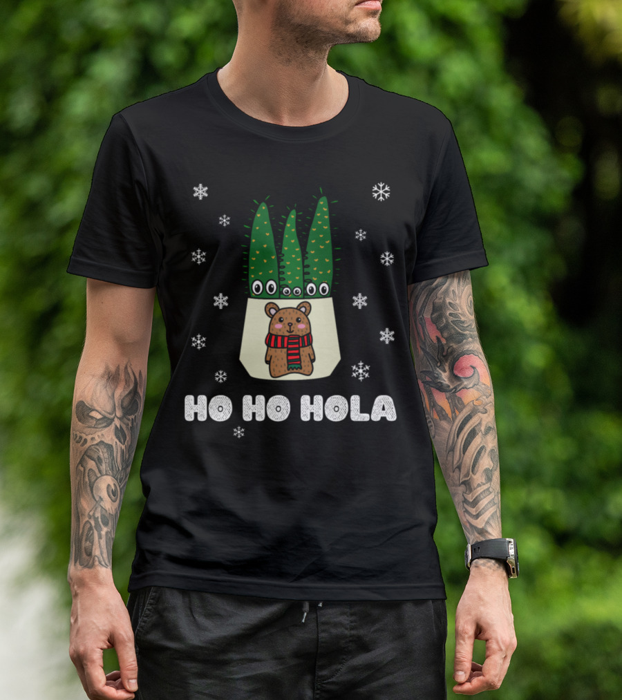 Ho Ho Hola Christmas Bear With Cacti In Snowflakes T-Shirt