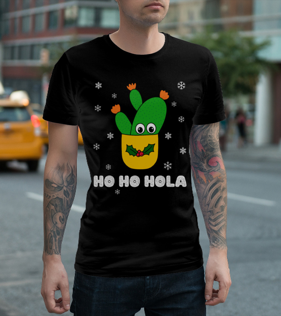 Ho Ho Hola Opuntia Microdasys Cactus in Festive Santa Hat with Holly and Snowflakes T-Shirt