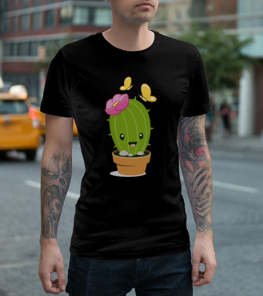 Little Sweet Cactus Happy Flower Pot with Butterflies T-Shirt