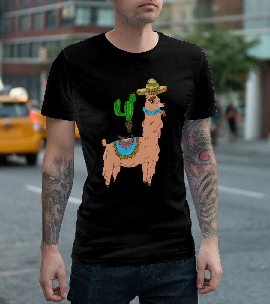 Llama Alpaca Mama with Sombrero and Cactus Boot Drama T-Shirt