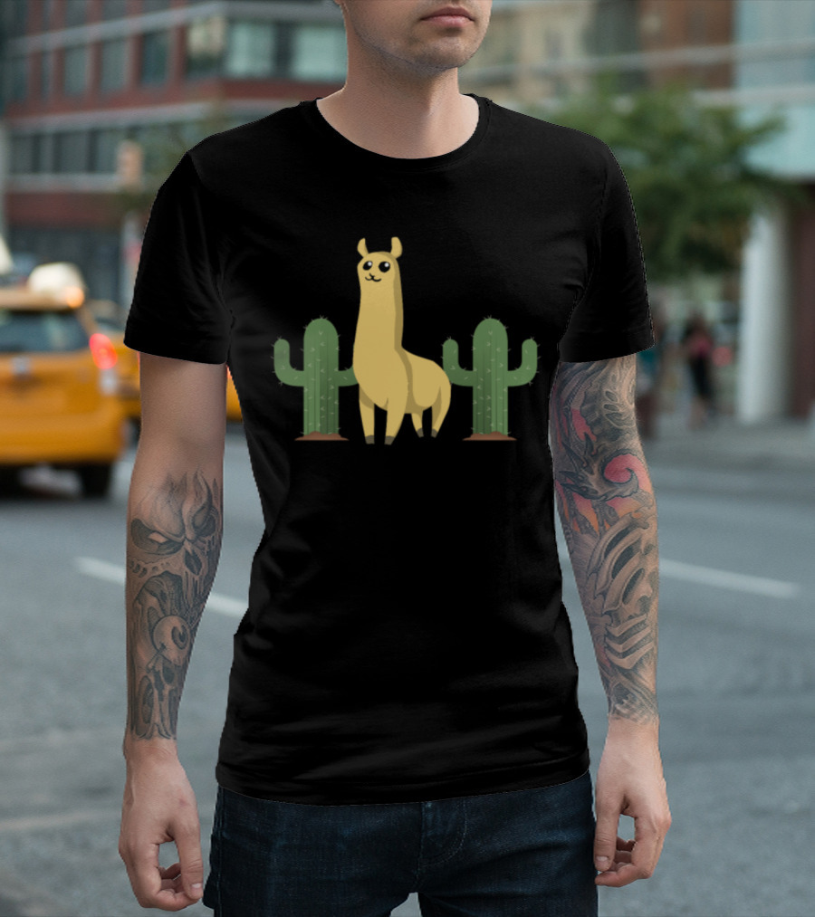 Llama And Cactus Spiny Cactus Cute Llama Surrounded By Green Cacti T-Shirt