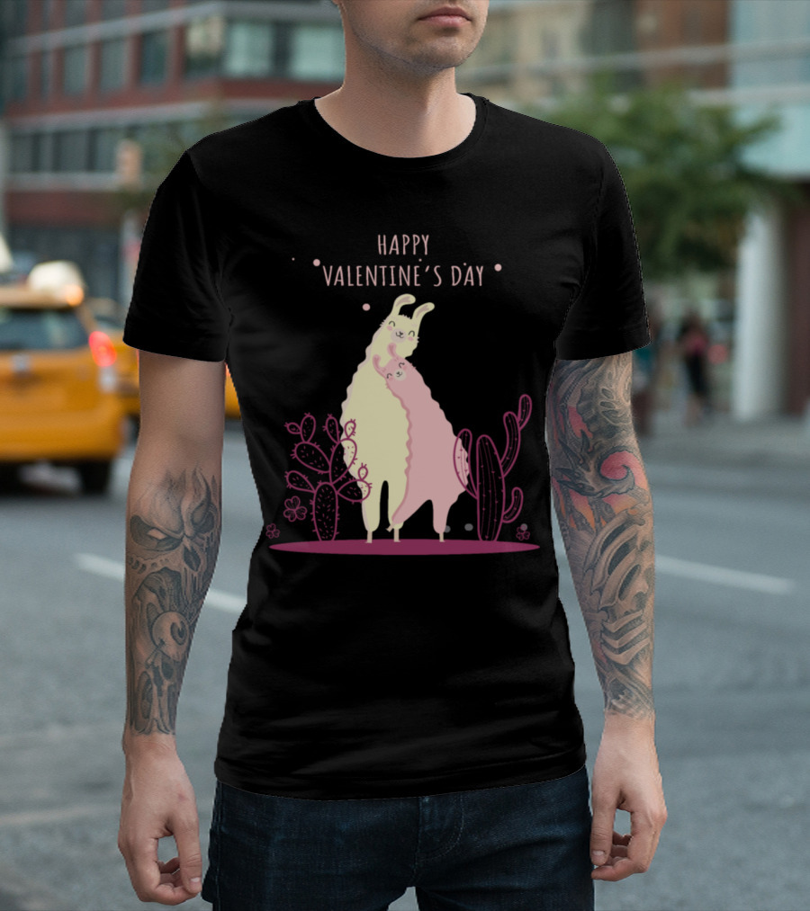 Happy Valentine’s Day Llama Love Cactus Hug T-Shirt