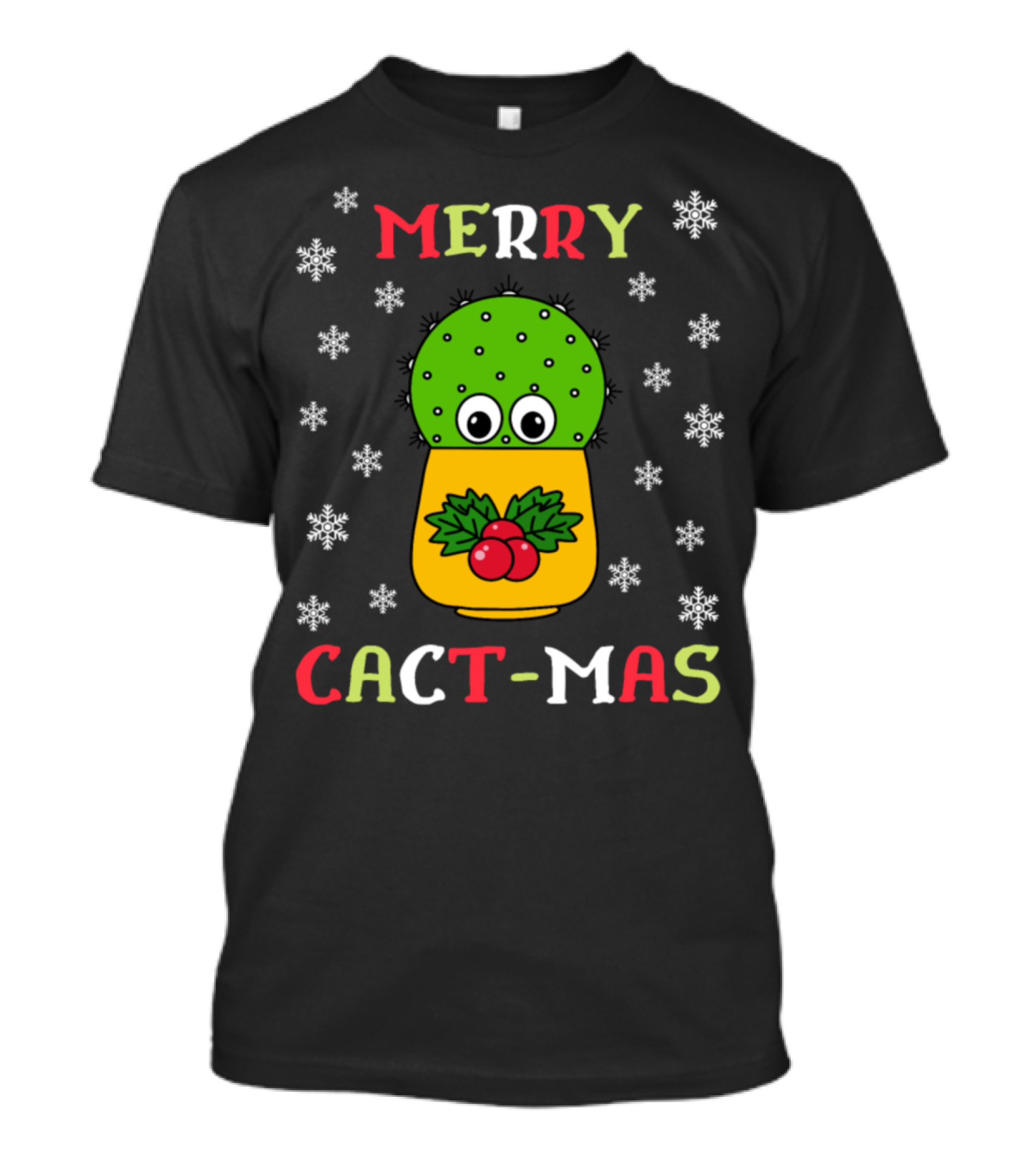 Merry Cact-Mas Cute Cactus With Christmas Holly And Snowflakes T-Shirt