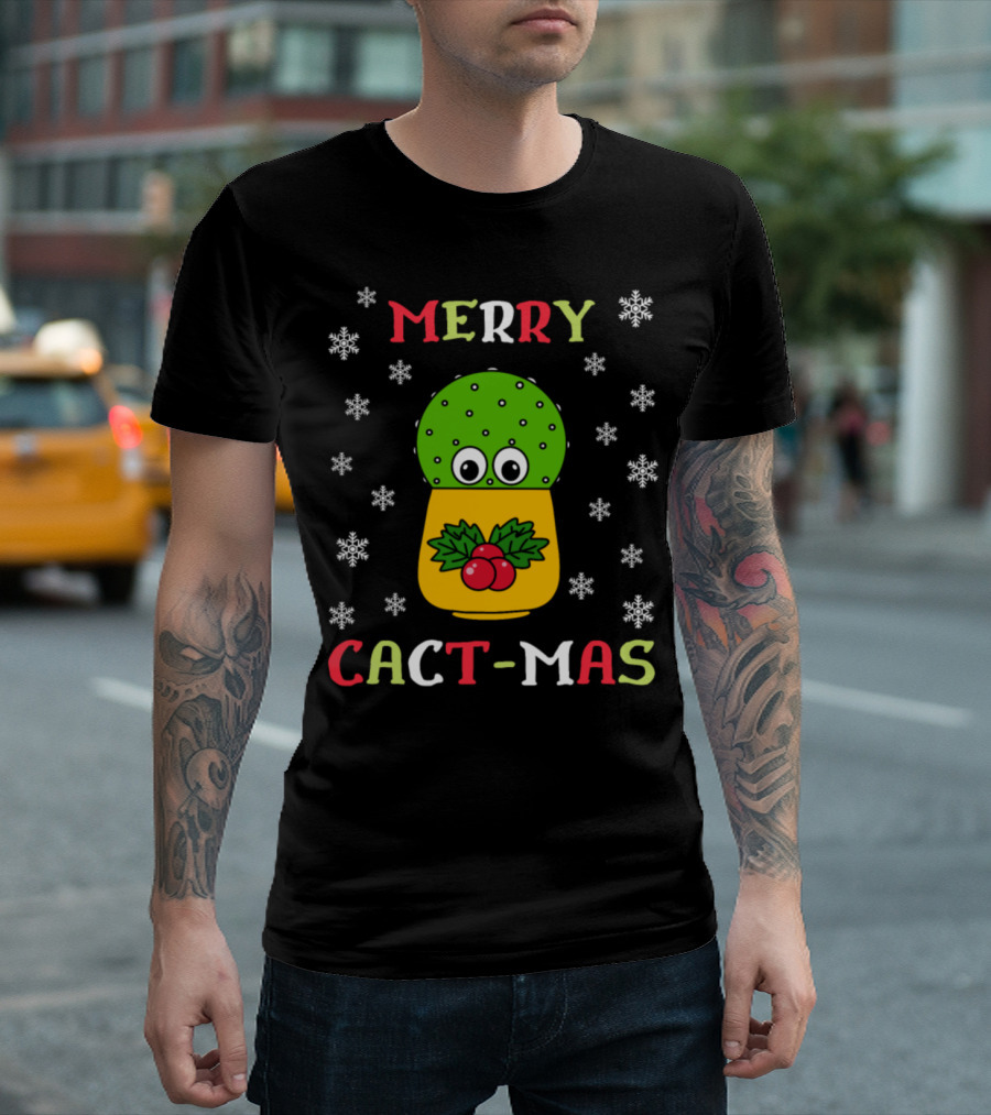 Merry Cact-Mas Cute Cactus With Christmas Holly And Snowflakes T-Shirt