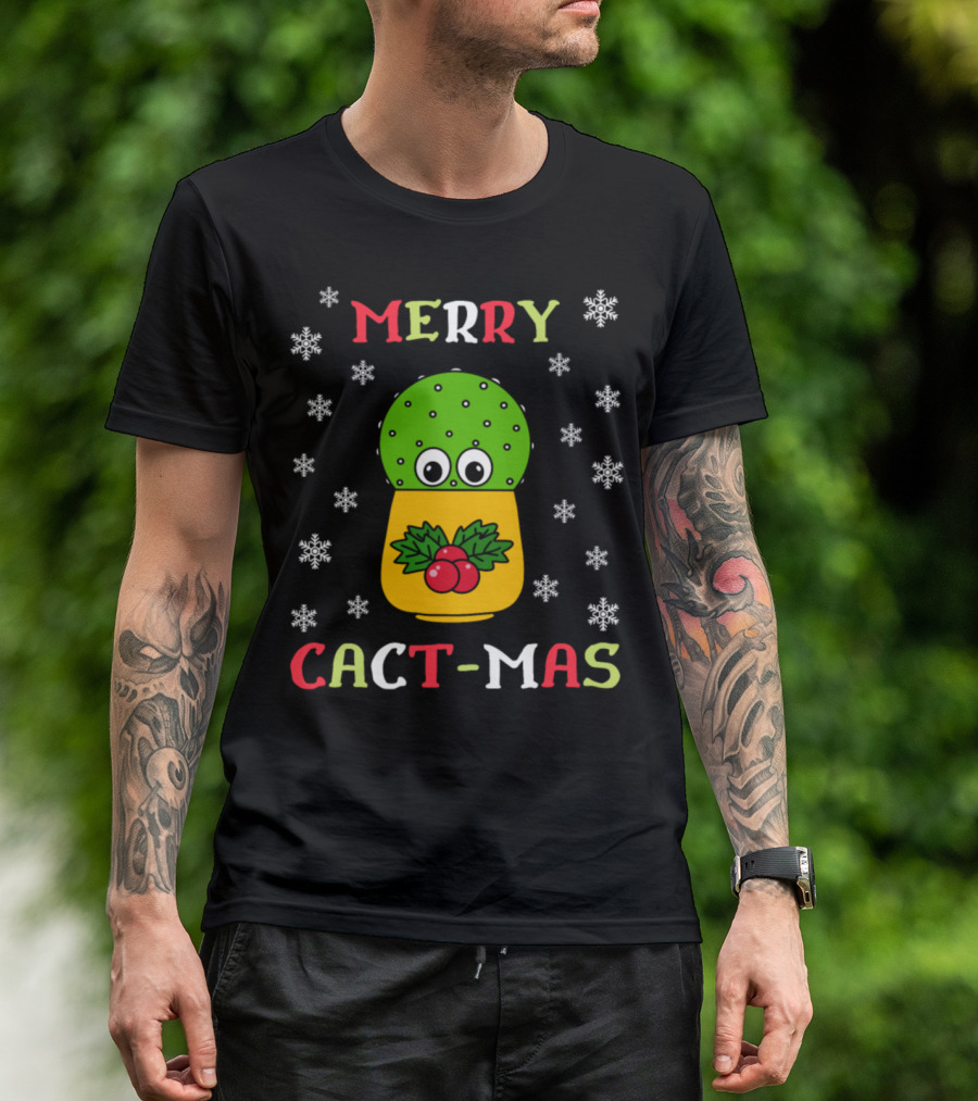 Merry Cact-Mas Cute Cactus With Christmas Holly And Snowflakes T-Shirt