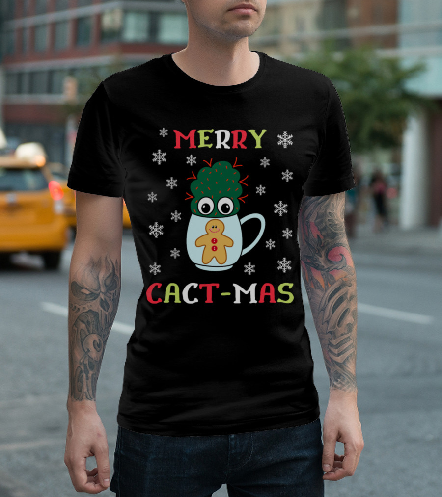 Merry Cact Mas Gingerbread Mug Cactus With Red Spikes And Snowflakes T-Shirt