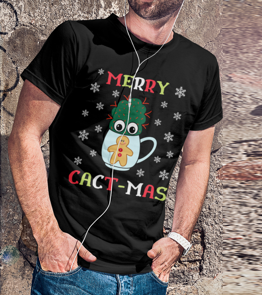 Merry Cact Mas Gingerbread Mug Cactus With Red Spikes And Snowflakes T-Shirt