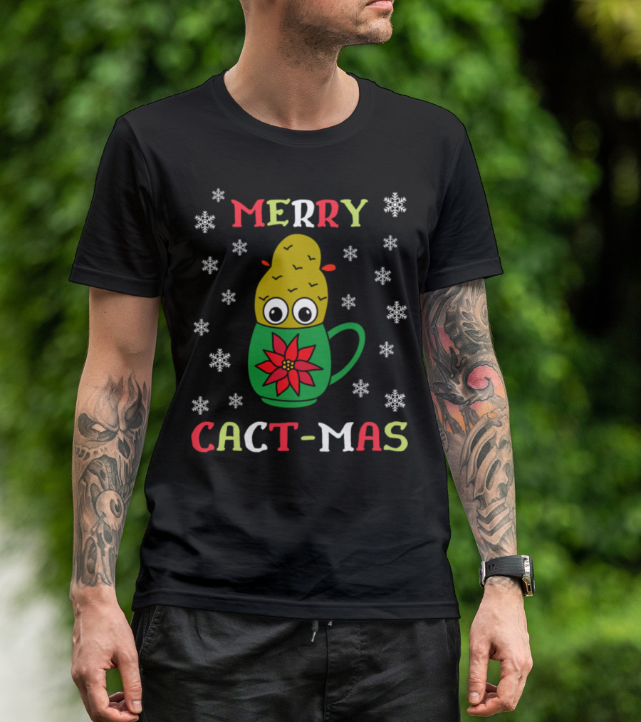 Merry Cact-Mas Christmas Cactus With Snowflakes In Mug T-Shirt