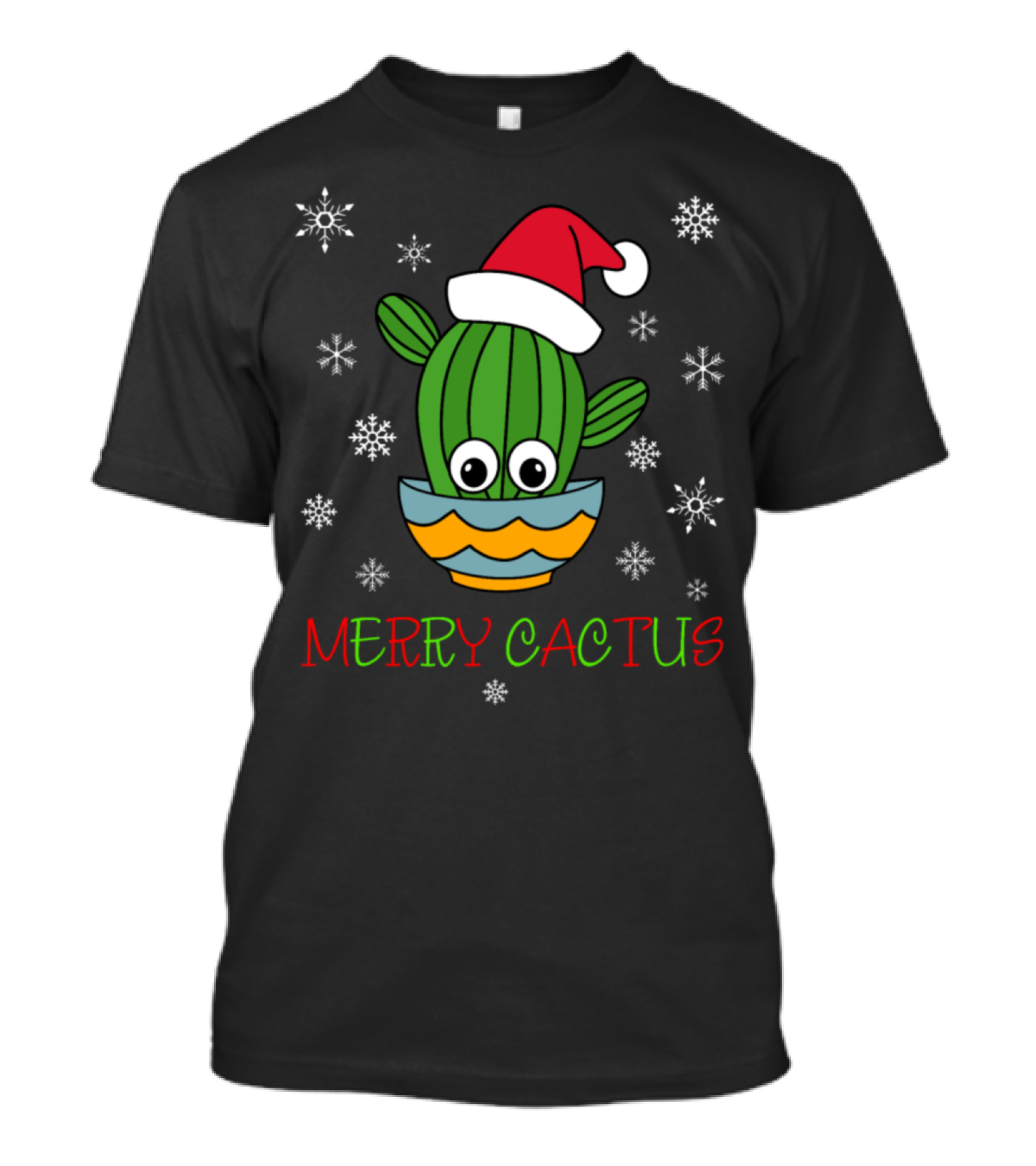 Merry Cactus Santa Hat In A Bowl With Snowflakes T-Shirt