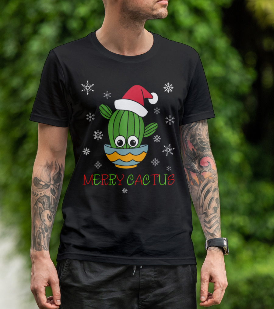 Merry Cactus Santa Hat In A Bowl With Snowflakes T-Shirt