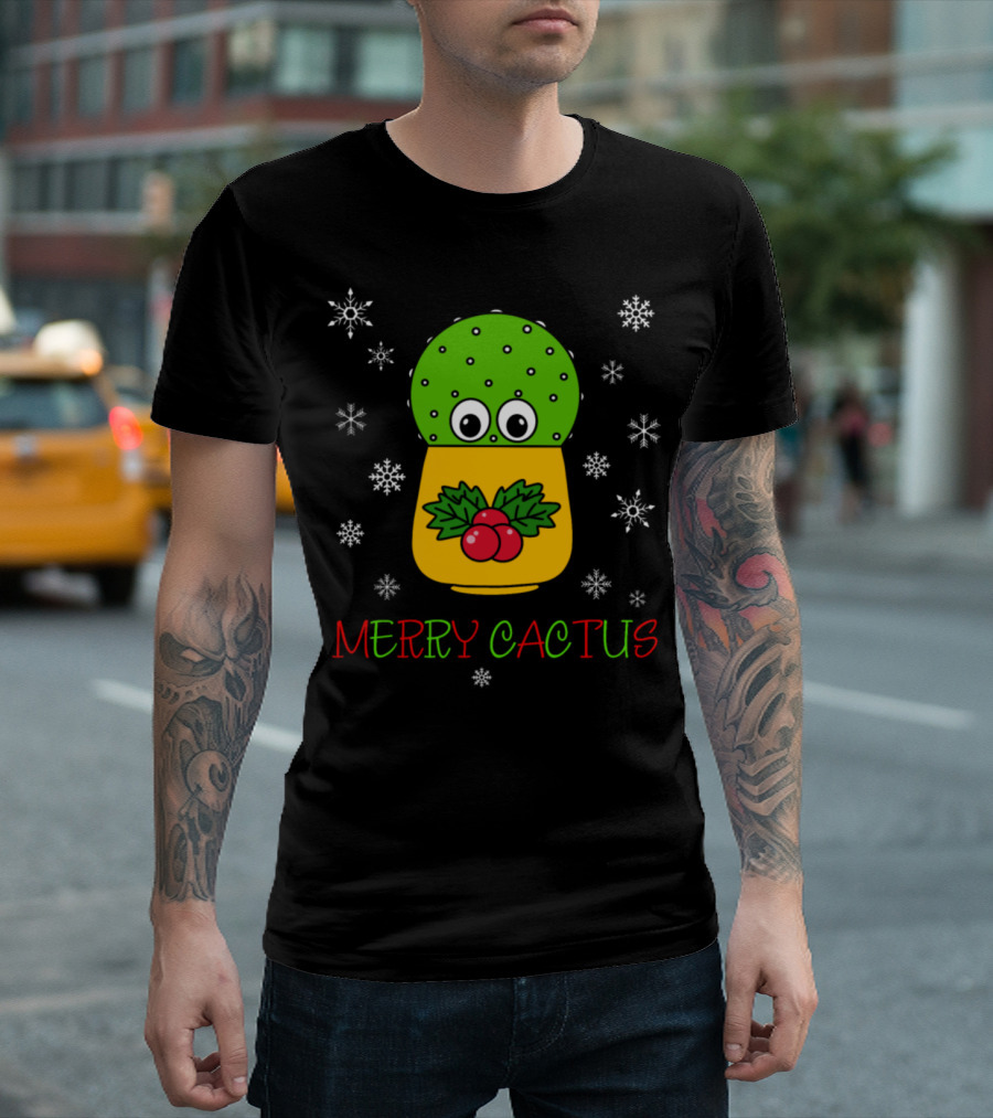 Merry Cactus Cute Cactus Holly Christmas Snowflakes T-Shirt