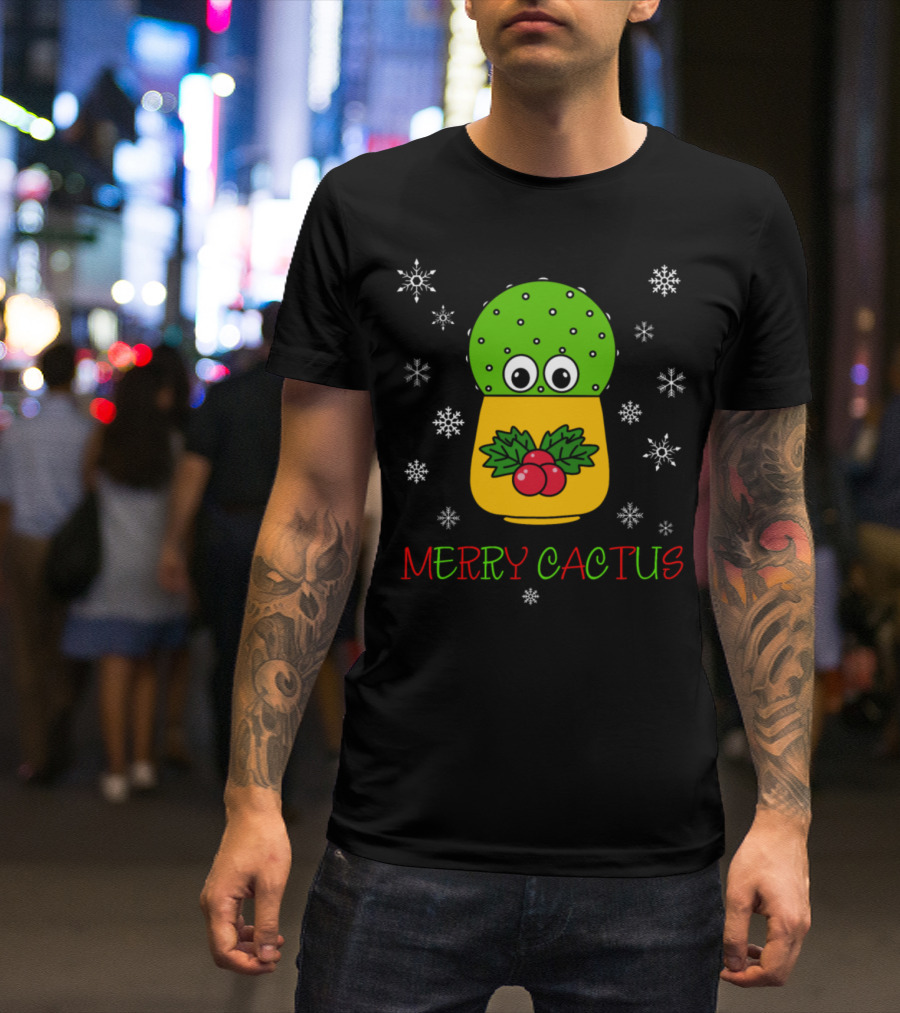 Merry Cactus Cute Cactus Holly Christmas Snowflakes T-Shirt