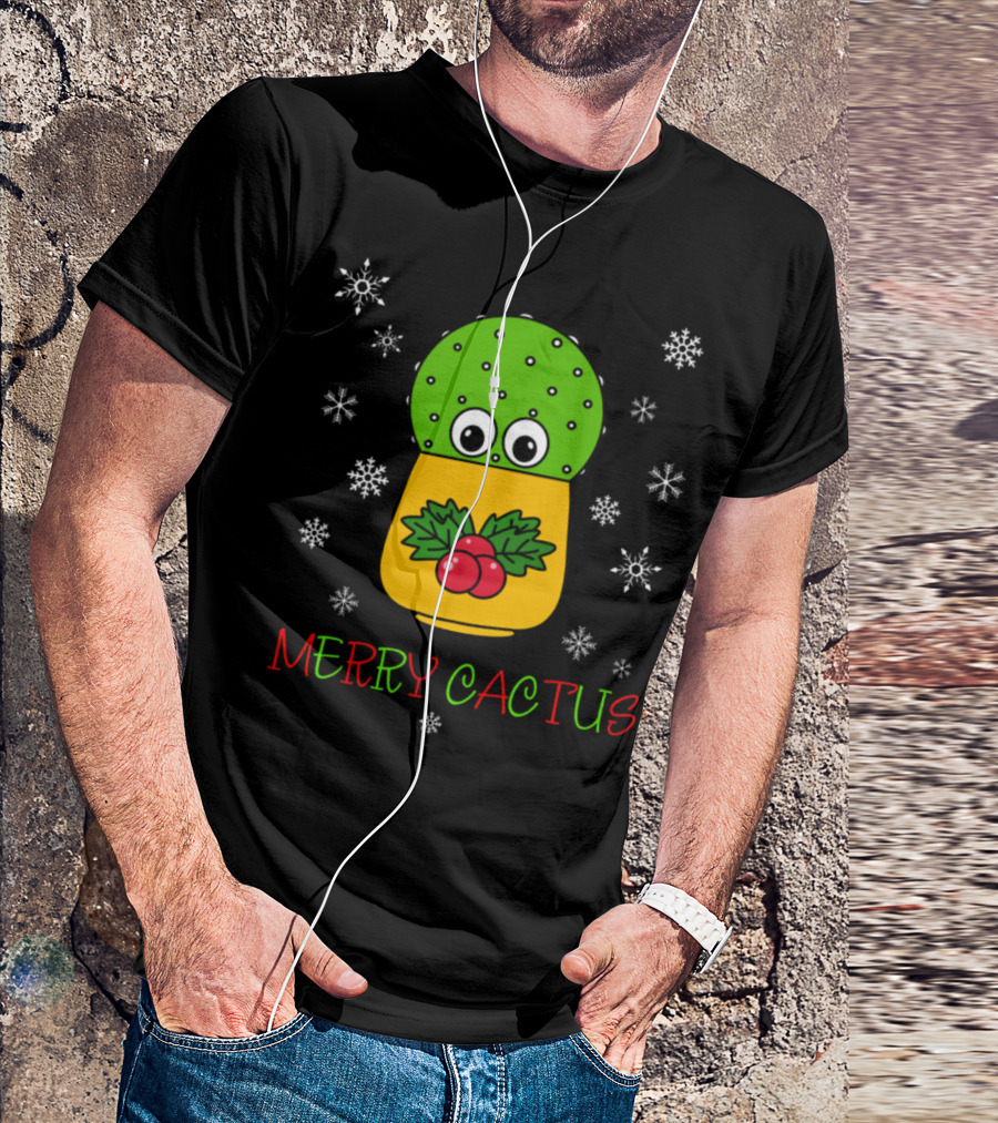 Merry Cactus Cute Cactus Holly Christmas Snowflakes T-Shirt