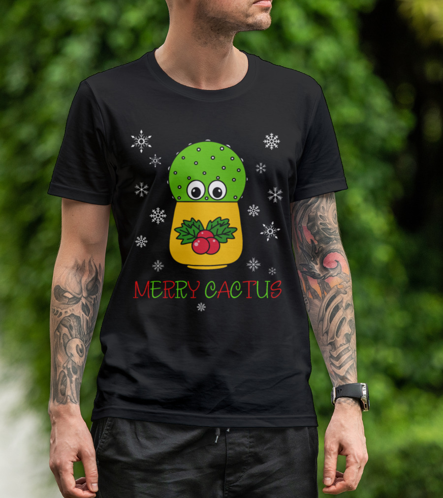 Merry Cactus Cute Cactus Holly Christmas Snowflakes T-Shirt