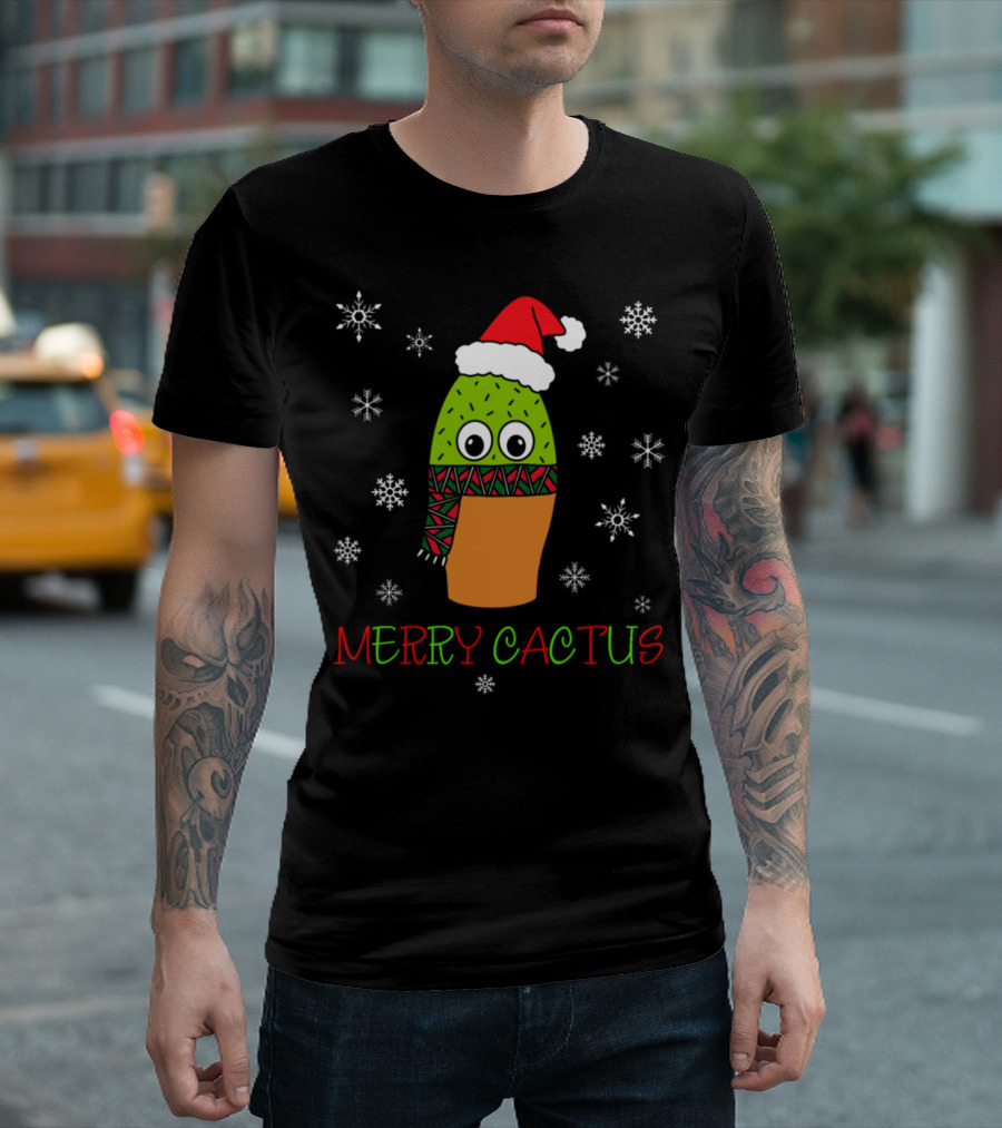 Merry Cactus Cute Cactus With Christmas Scarf Snowflakes Santa Hat T-Shirt