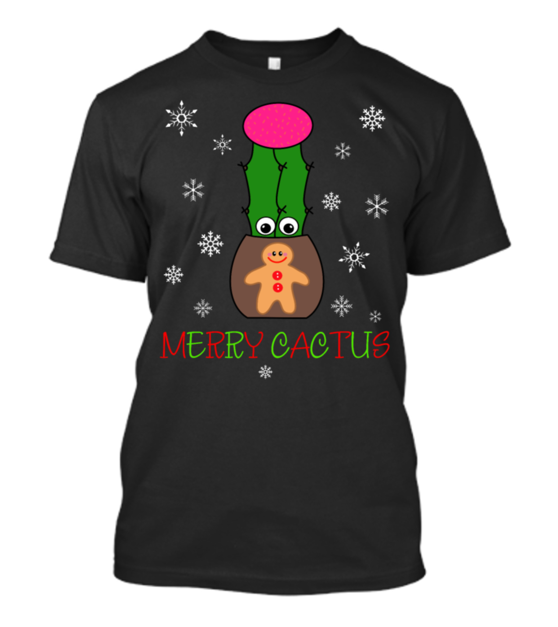 Merry Cactus Gingerbread Man With Snowflakes T-Shirt