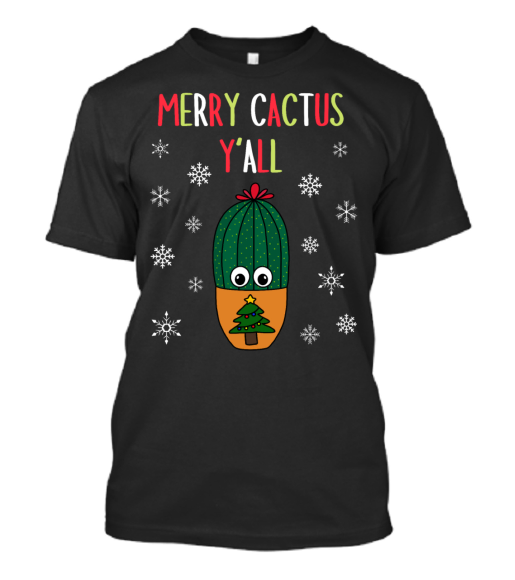 Merry Cactus Y'all Christmas Tree Cactus With Snowflakes T-Shirt