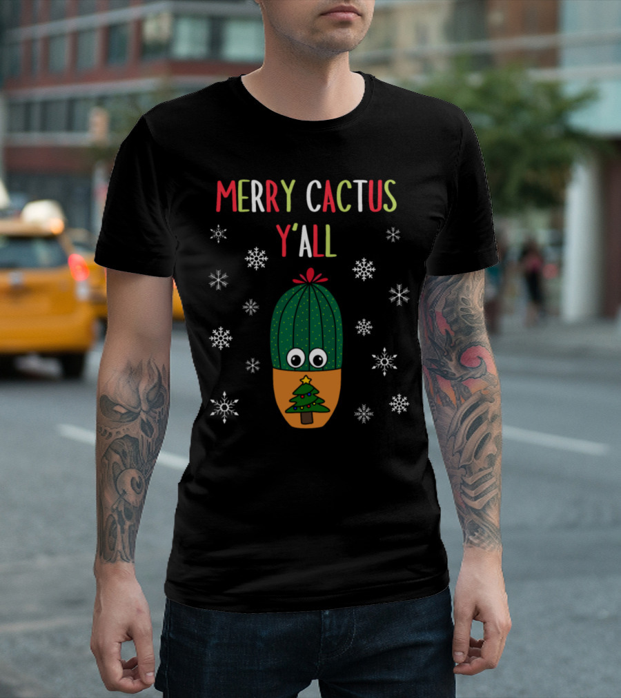 Merry Cactus Y'all Christmas Tree Cactus With Snowflakes T-Shirt