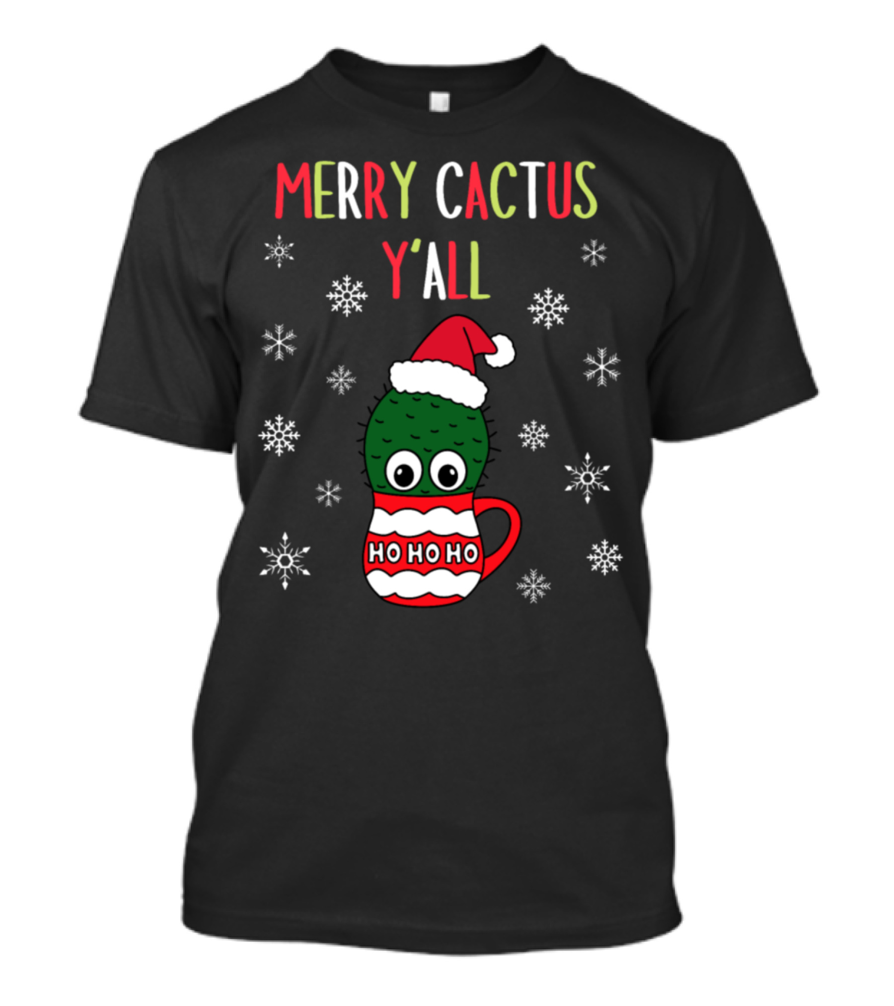 Merry Cactus Y'all Ho Ho Ho Santa Hat Snowflakes T-Shirt