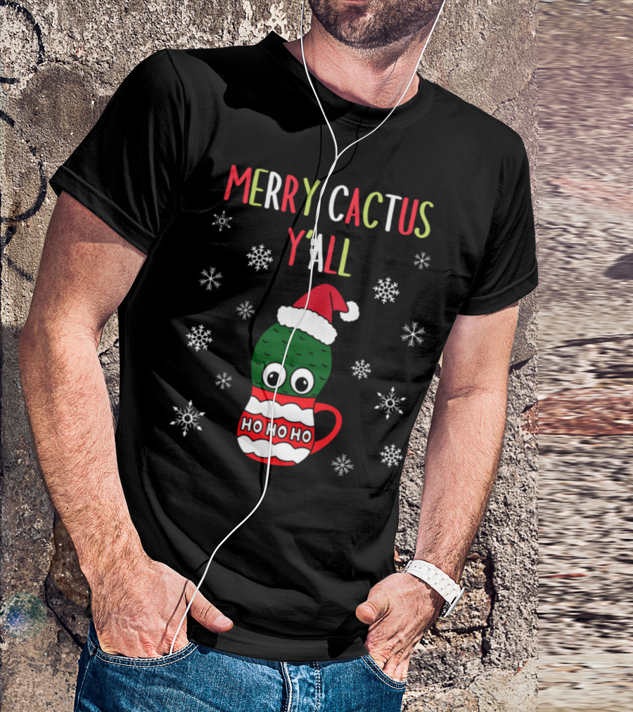 Merry Cactus Y'all Ho Ho Ho Santa Hat Snowflakes T-Shirt