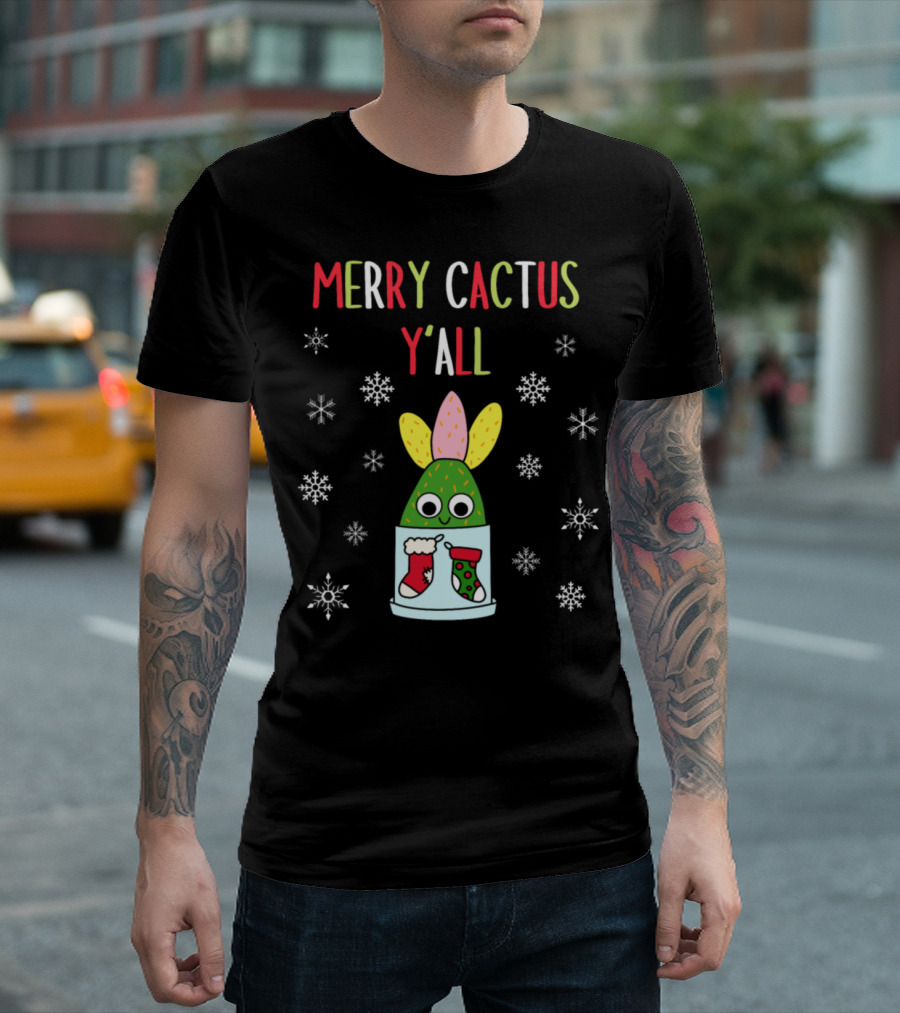 Merry Cactus Y'all Cute Cactus with Festive Stockings Snowflakes T-Shirt