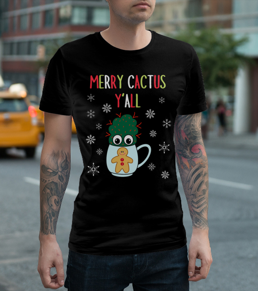 Merry Cactus Y'all Small Cactus With Red Gingerbread Mug Snowflakes T-Shirt