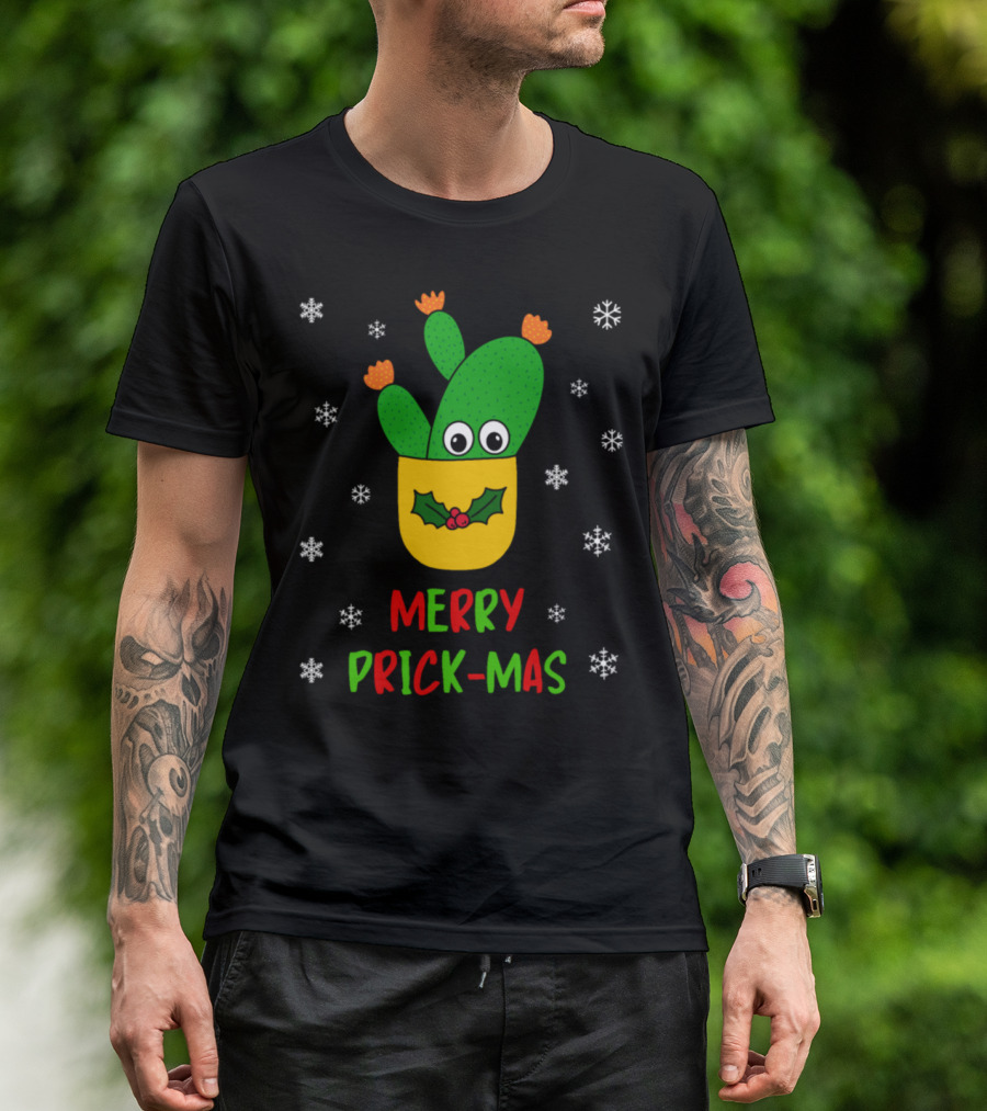 Merry Prick-Mas Opuntia Microdasys Cactus In Festive Pocket With Snowflakes T-Shirt